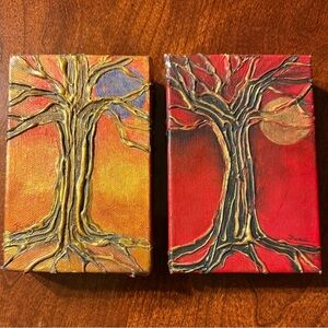 Vibrant Tree Art Duo - Red and Gold Canvas Set